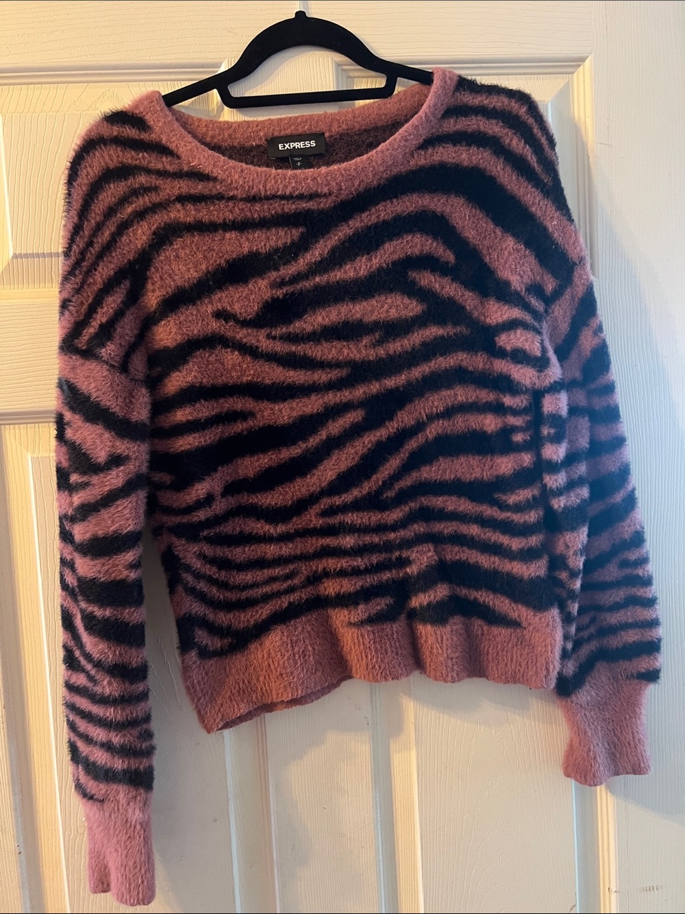 Express Pink and Black Fuzzy Zebra-Print Crewneck Sweater